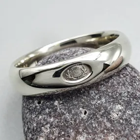 Silver wedding ring 5mm to 6mm Scottish Thistle medium court band.