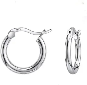 Small Solid White Gold Plated Pure 925 Sterling Silver Trendy Cool Lightweight Thin French Lock Hoop Earrings for Men Women Cartilage Hypoallergenic Huggie Hoops Earrings