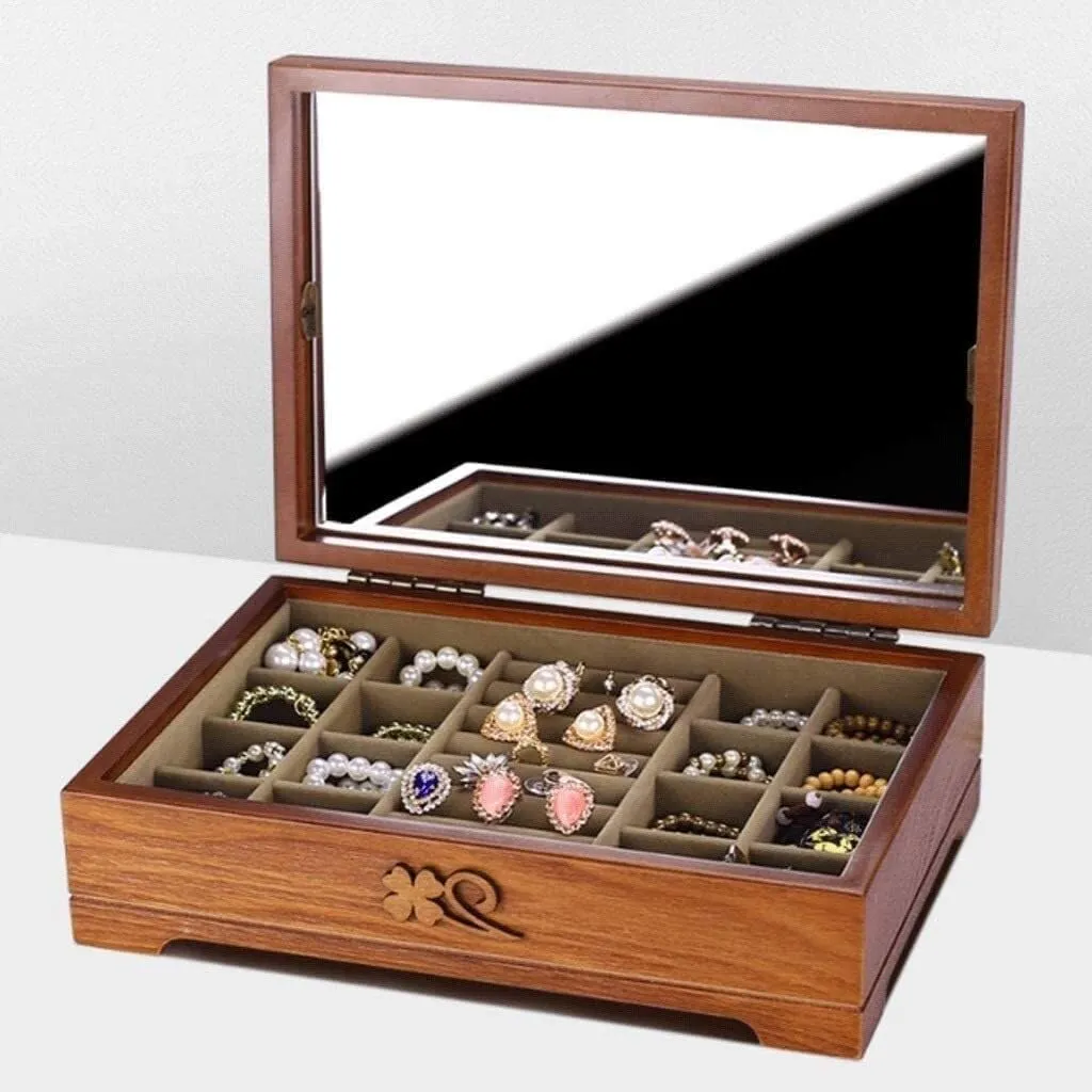 Solid Wooden Jewelry Box with Hand-Carved Flowers, Glass Top & Mirror – Vintage Jewelry Organizer Case with 12 Compartments
