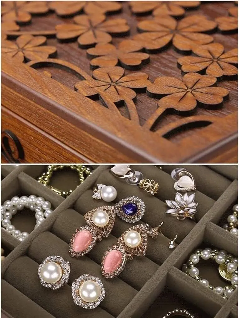 Solid Wooden Jewelry Box with Hand-Carved Flowers, Glass Top & Mirror – Vintage Jewelry Organizer Case with 12 Compartments