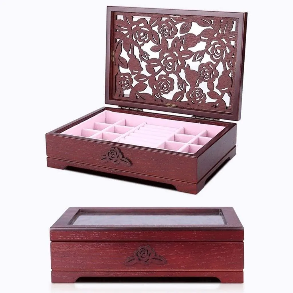 Solid Wooden Jewelry Box with Hand-Carved Flowers, Glass Top & Mirror – Vintage Jewelry Organizer Case with 12 Compartments