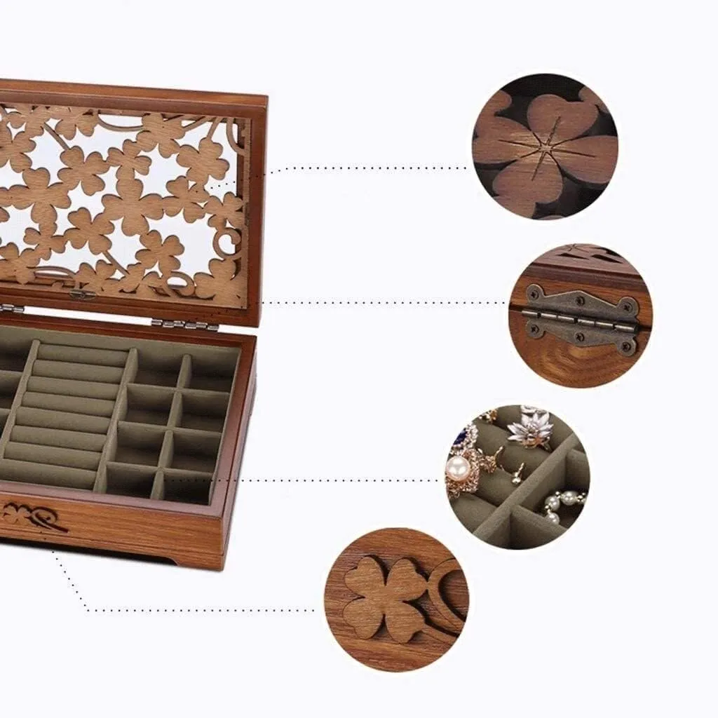 Solid Wooden Jewelry Box with Hand-Carved Flowers, Glass Top & Mirror – Vintage Jewelry Organizer Case with 12 Compartments