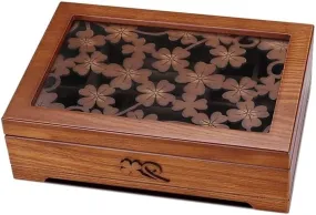 Solid Wooden Jewelry Box with Hand-Carved Flowers, Glass Top & Mirror – Vintage Jewelry Organizer Case with 12 Compartments