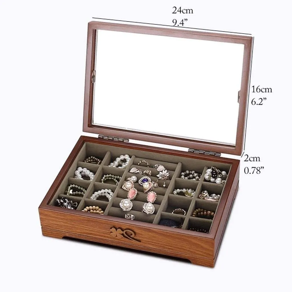 Solid Wooden Jewelry Box with Hand-Carved Flowers, Glass Top & Mirror – Vintage Jewelry Organizer Case with 12 Compartments