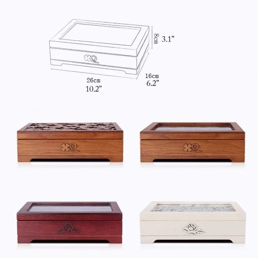 Solid Wooden Jewelry Box with Hand-Carved Flowers, Glass Top & Mirror – Vintage Jewelry Organizer Case with 12 Compartments