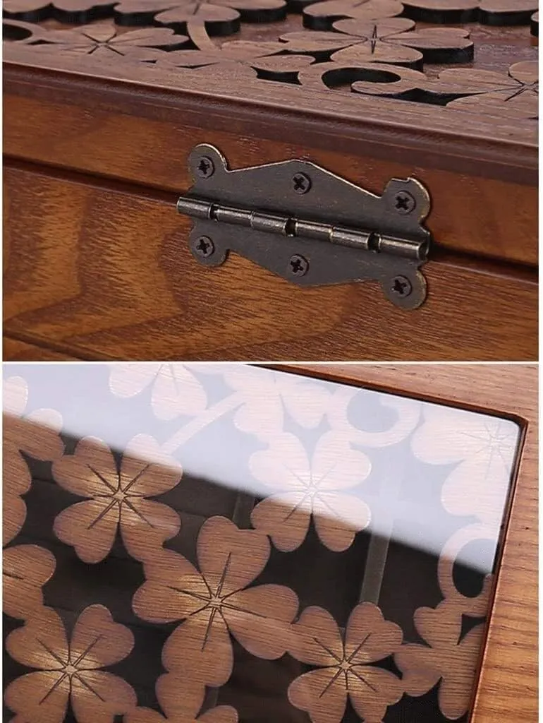 Solid Wooden Jewelry Box with Hand-Carved Flowers, Glass Top & Mirror – Vintage Jewelry Organizer Case with 12 Compartments