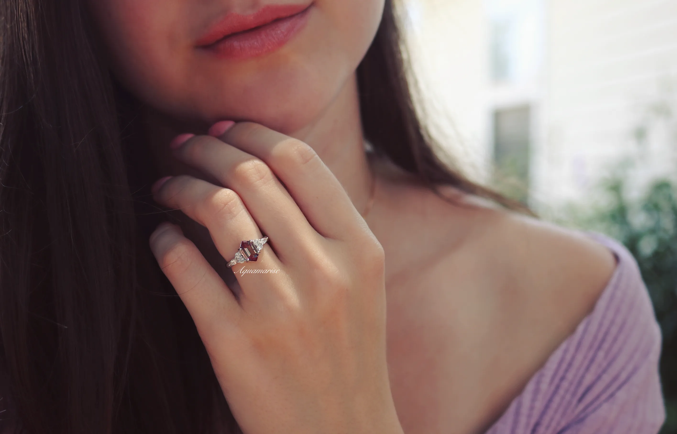 Sonnet Hexagon Teal & Purple Alexandrite Ring- Sterling Silver