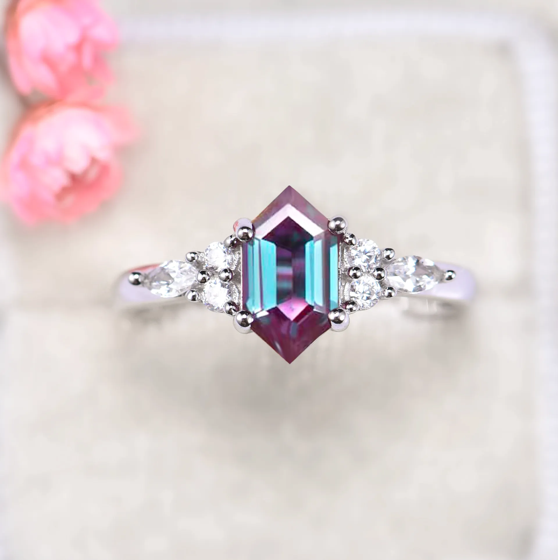 Sonnet Hexagon Teal & Purple Alexandrite Ring- Sterling Silver
