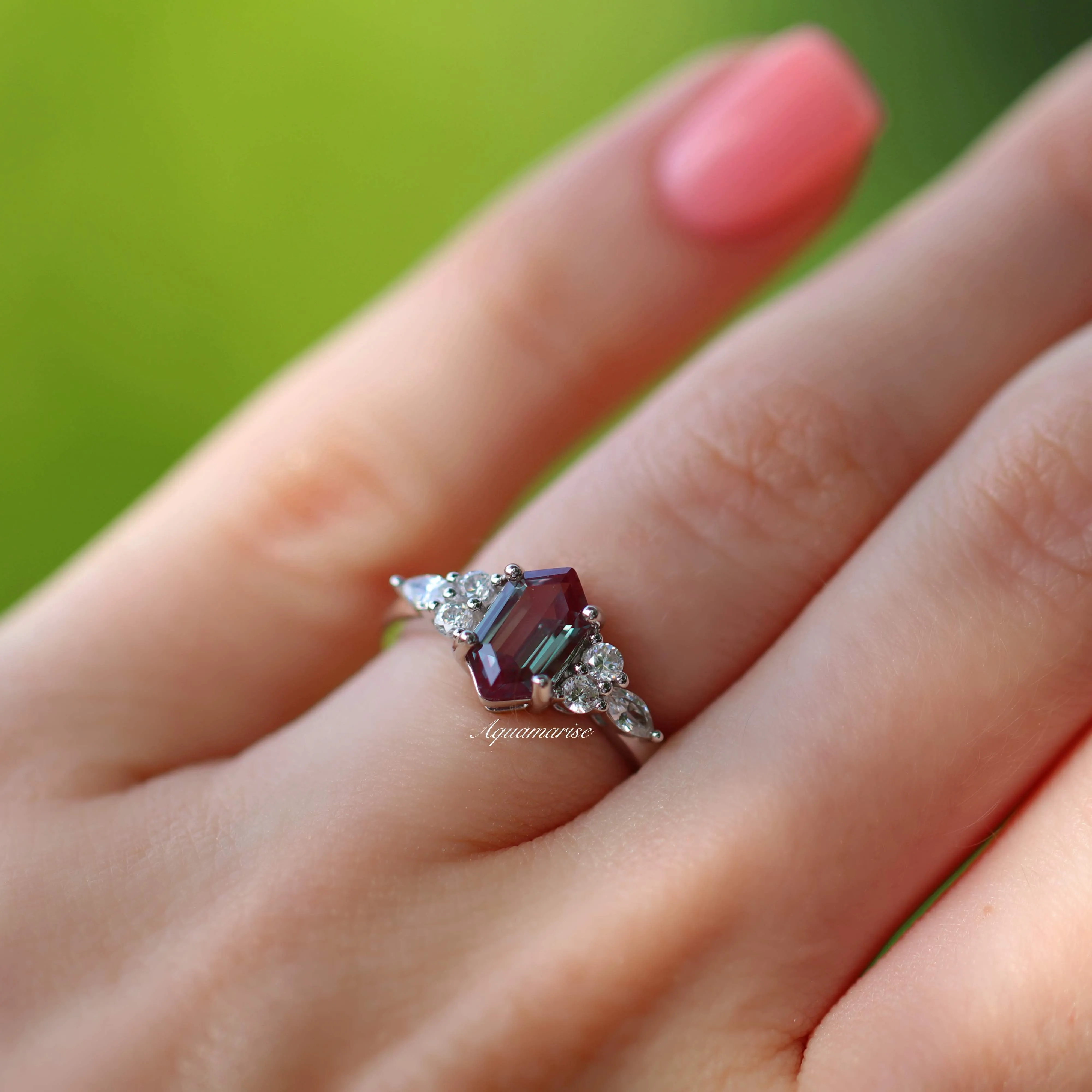 Sonnet Hexagon Teal & Purple Alexandrite Ring- Sterling Silver