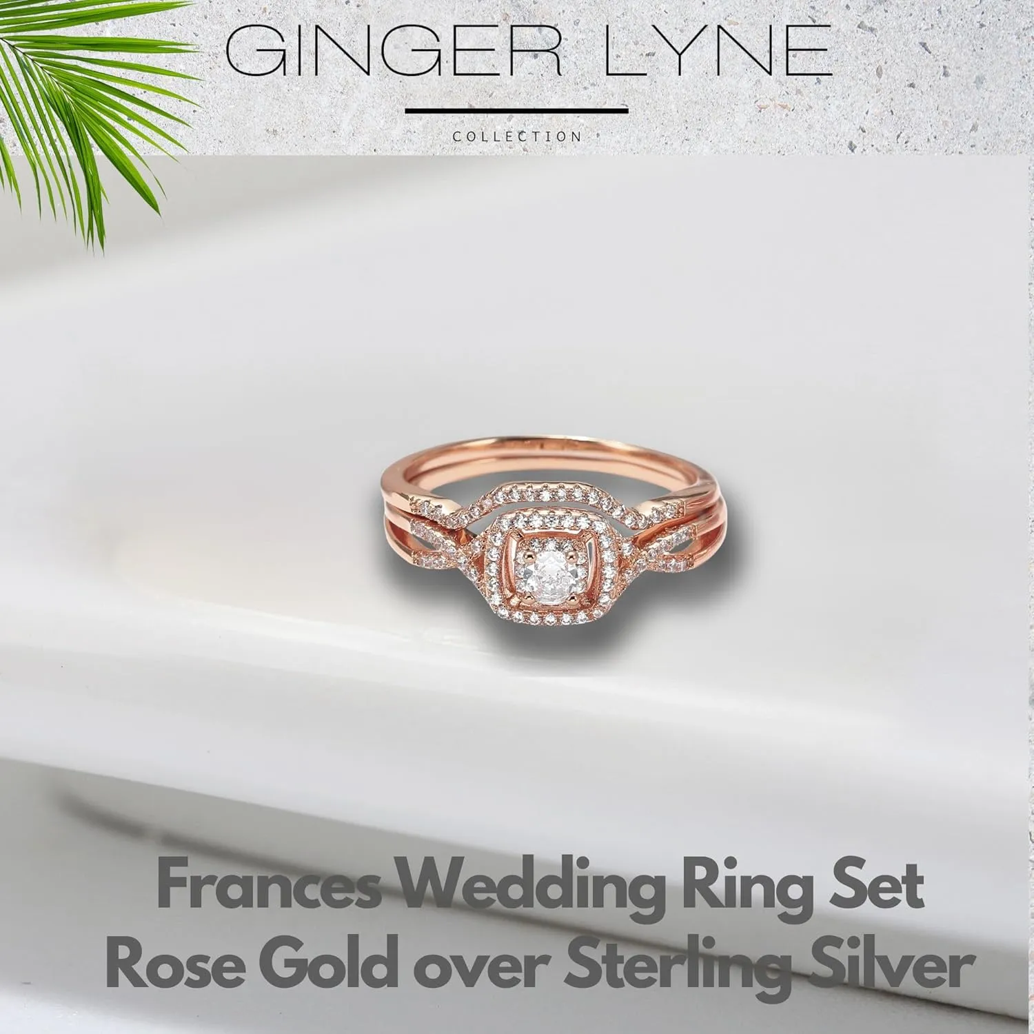 Square Halo Wedding Ring Set for Women by Ginger Lyne CZ Engagement Rings for Women Plated 14 kt Gold Wedding Rings for Her| Cubic Zirconia Bridal Sets | Half Eternity Band