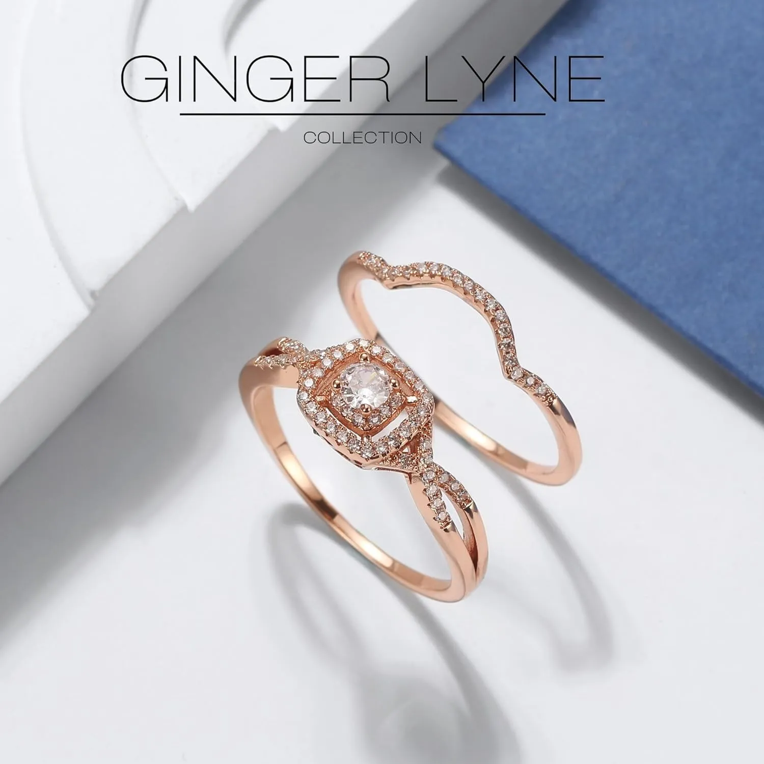 Square Halo Wedding Ring Set for Women by Ginger Lyne CZ Engagement Rings for Women Plated 14 kt Gold Wedding Rings for Her| Cubic Zirconia Bridal Sets | Half Eternity Band