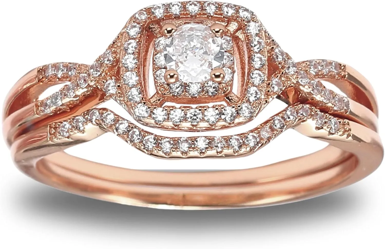 Square Halo Wedding Ring Set for Women by Ginger Lyne CZ Engagement Rings for Women Plated 14 kt Gold Wedding Rings for Her| Cubic Zirconia Bridal Sets | Half Eternity Band