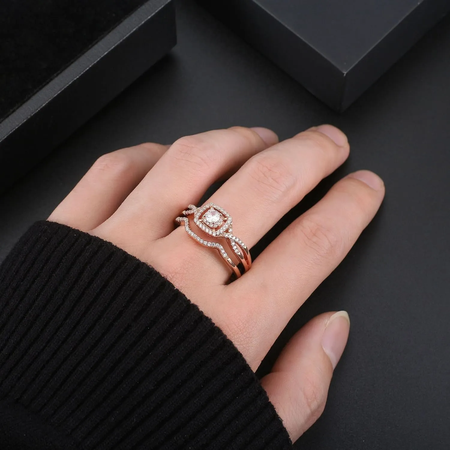 Square Halo Wedding Ring Set for Women by Ginger Lyne CZ Engagement Rings for Women Plated 14 kt Gold Wedding Rings for Her| Cubic Zirconia Bridal Sets | Half Eternity Band
