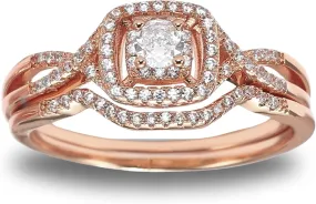 Square Halo Wedding Ring Set for Women by Ginger Lyne CZ Engagement Rings for Women Plated 14 kt Gold Wedding Rings for Her| Cubic Zirconia Bridal Sets | Half Eternity Band