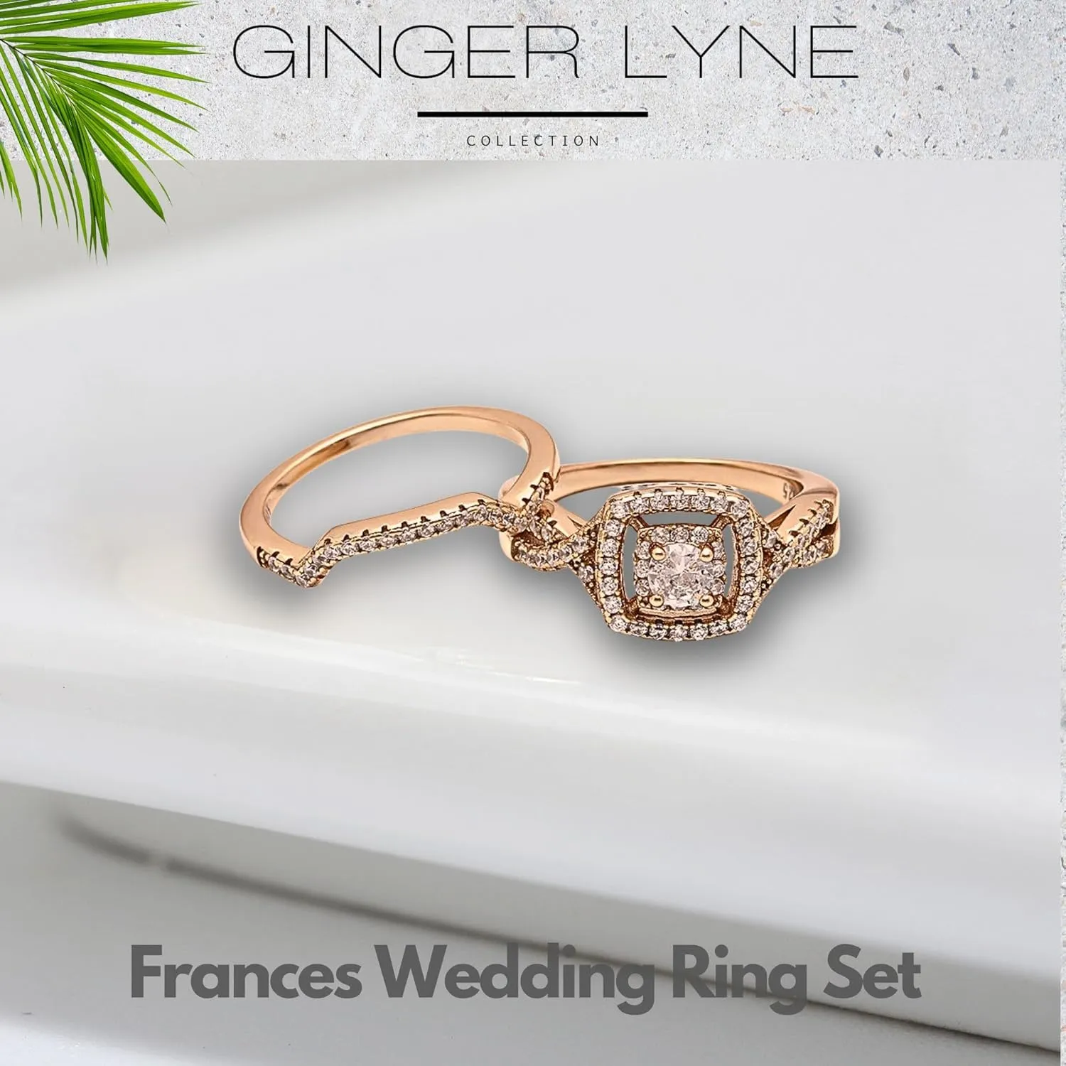 Square Halo Wedding Ring Set for Women by Ginger Lyne CZ Engagement Rings for Women Plated 14 kt Gold Wedding Rings for Her| Cubic Zirconia Bridal Sets | Half Eternity Band