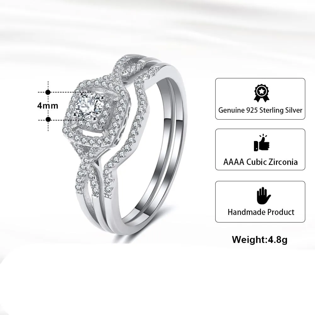 Square Halo Wedding Ring Set for Women by Ginger Lyne CZ Engagement Rings for Women Plated 14 kt Gold Wedding Rings for Her| Cubic Zirconia Bridal Sets | Half Eternity Band