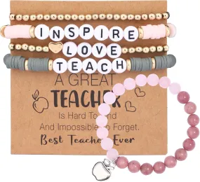 Teacher Appreciation Bracelets for Women Heishi Surfer Bracelets Set Stretch Clay Stackable Love Teach Inspire Beaded Bracelets Teacher Gift