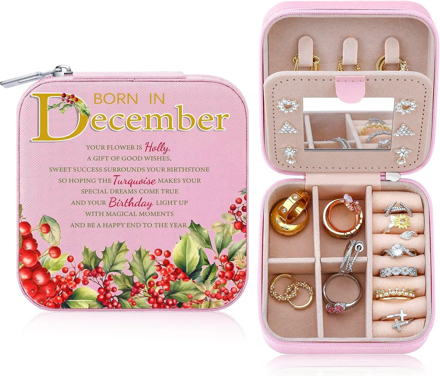 Travel Jewelry Box Organizer Birth Month Flower Jewelry Boxes Display Case for Women Gift Rings Earrings Necklaces Storage with Mirror Grey (December)