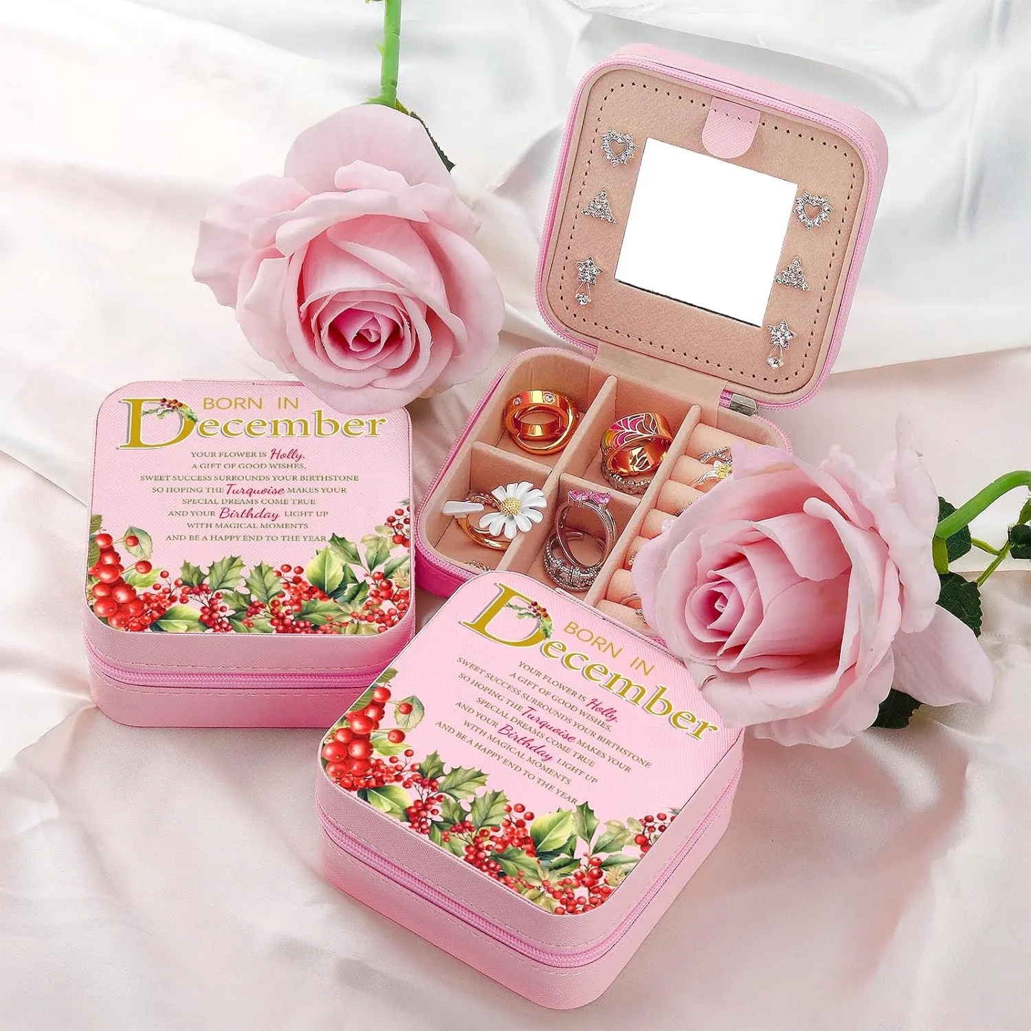 Travel Jewelry Box Organizer Birth Month Flower Jewelry Boxes Display Case for Women Gift Rings Earrings Necklaces Storage with Mirror Grey (December)
