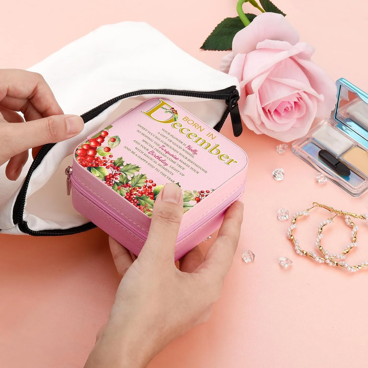 Travel Jewelry Box Organizer Birth Month Flower Jewelry Boxes Display Case for Women Gift Rings Earrings Necklaces Storage with Mirror Grey (December)