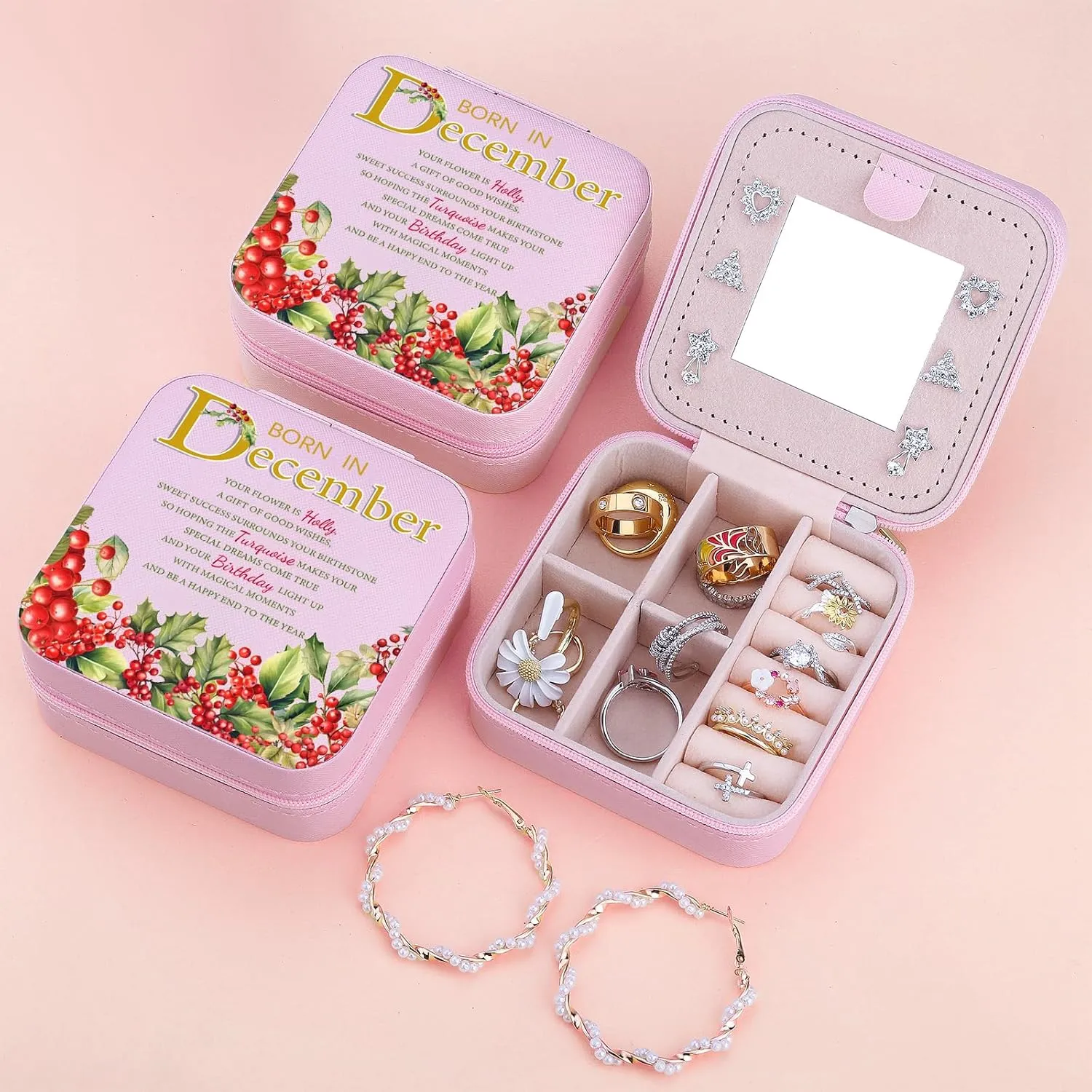 Travel Jewelry Box Organizer Birth Month Flower Jewelry Boxes Display Case for Women Gift Rings Earrings Necklaces Storage with Mirror Grey (December)