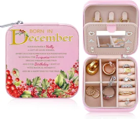 Travel Jewelry Box Organizer Birth Month Flower Jewelry Boxes Display Case for Women Gift Rings Earrings Necklaces Storage with Mirror Grey (December)