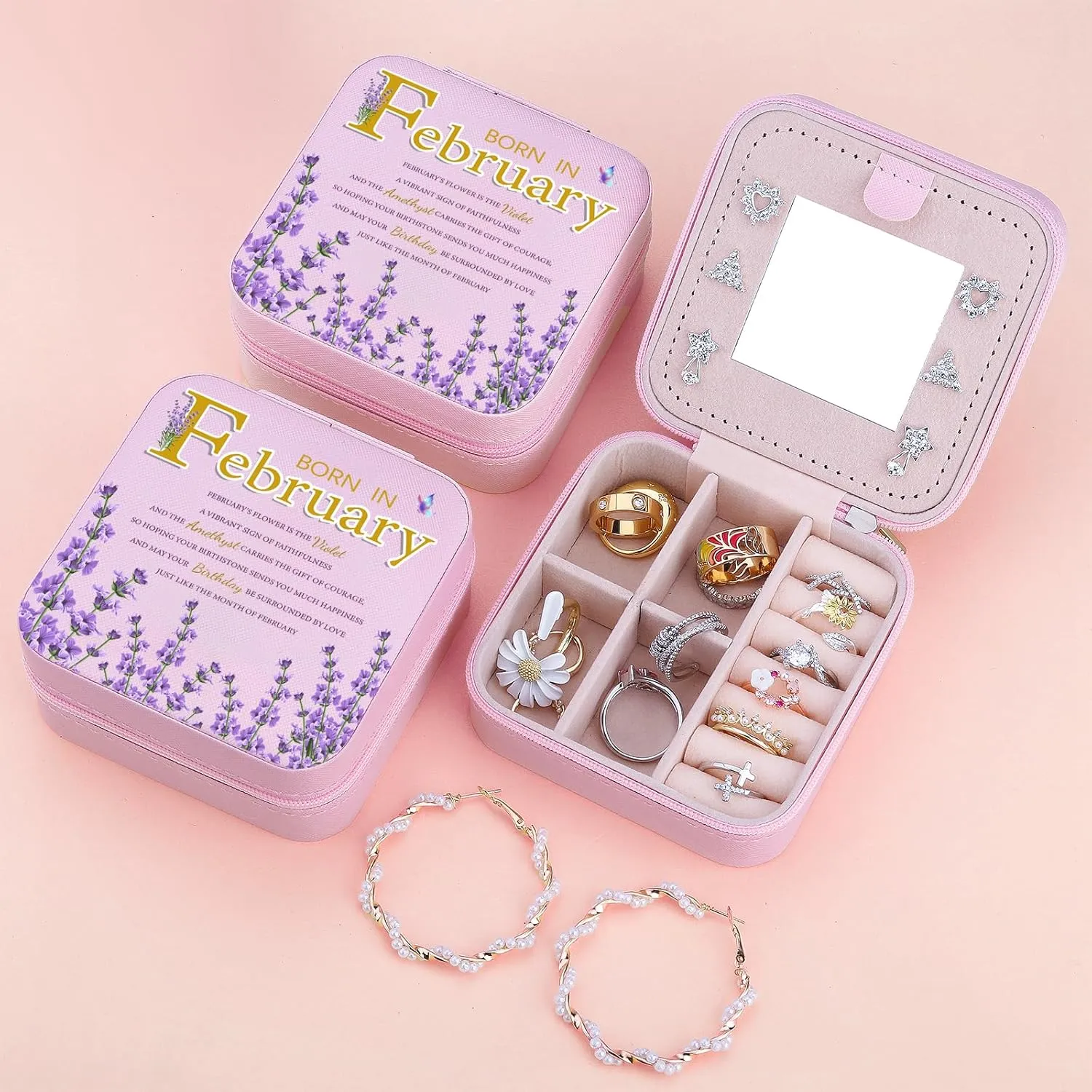 Travel Jewelry Box Organizer Birth Month Flower Jewelry Boxes Display Case for Women Gift Rings Earrings Necklaces Storage with Mirror Grey (February)