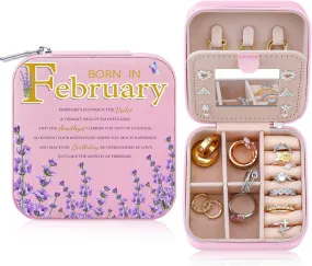 Travel Jewelry Box Organizer Birth Month Flower Jewelry Boxes Display Case for Women Gift Rings Earrings Necklaces Storage with Mirror Grey (February)