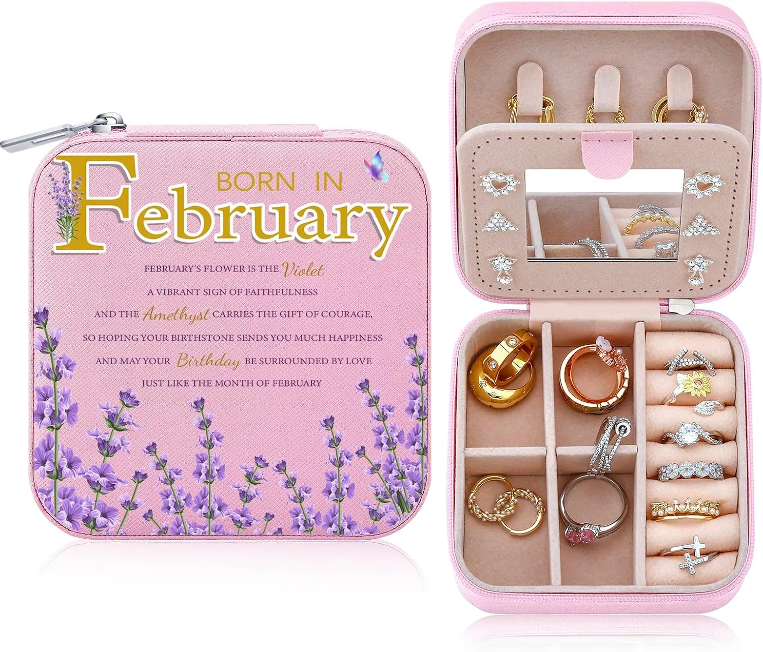 Travel Jewelry Box Organizer Birth Month Flower Jewelry Boxes Display Case for Women Gift Rings Earrings Necklaces Storage with Mirror Grey (February)
