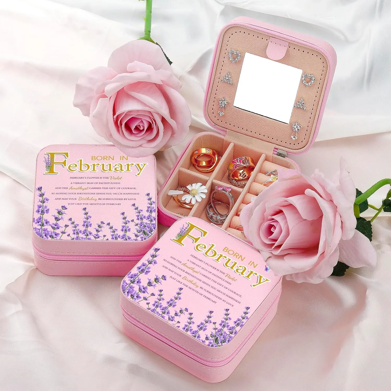Travel Jewelry Box Organizer Birth Month Flower Jewelry Boxes Display Case for Women Gift Rings Earrings Necklaces Storage with Mirror Grey (February)