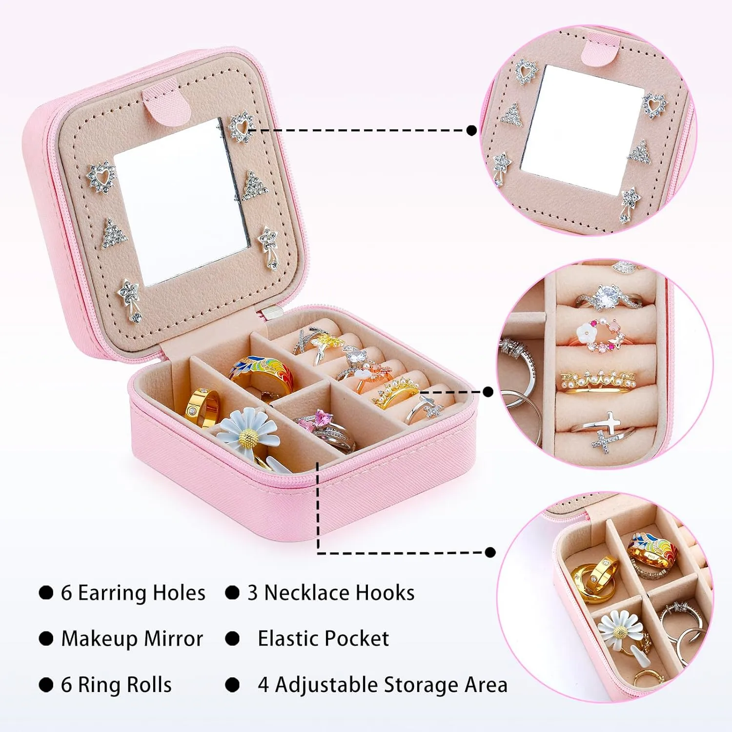 Travel Jewelry Box Organizer Birth Month Flower Jewelry Boxes Display Case for Women Gift Rings Earrings Necklaces Storage with Mirror Grey (February)