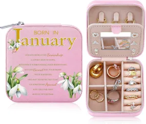 Travel Jewelry Box Organizer Birth Month Flower Jewelry Boxes Display Case for Women Gift Rings Earrings Necklaces Storage with Mirror Grey (January)