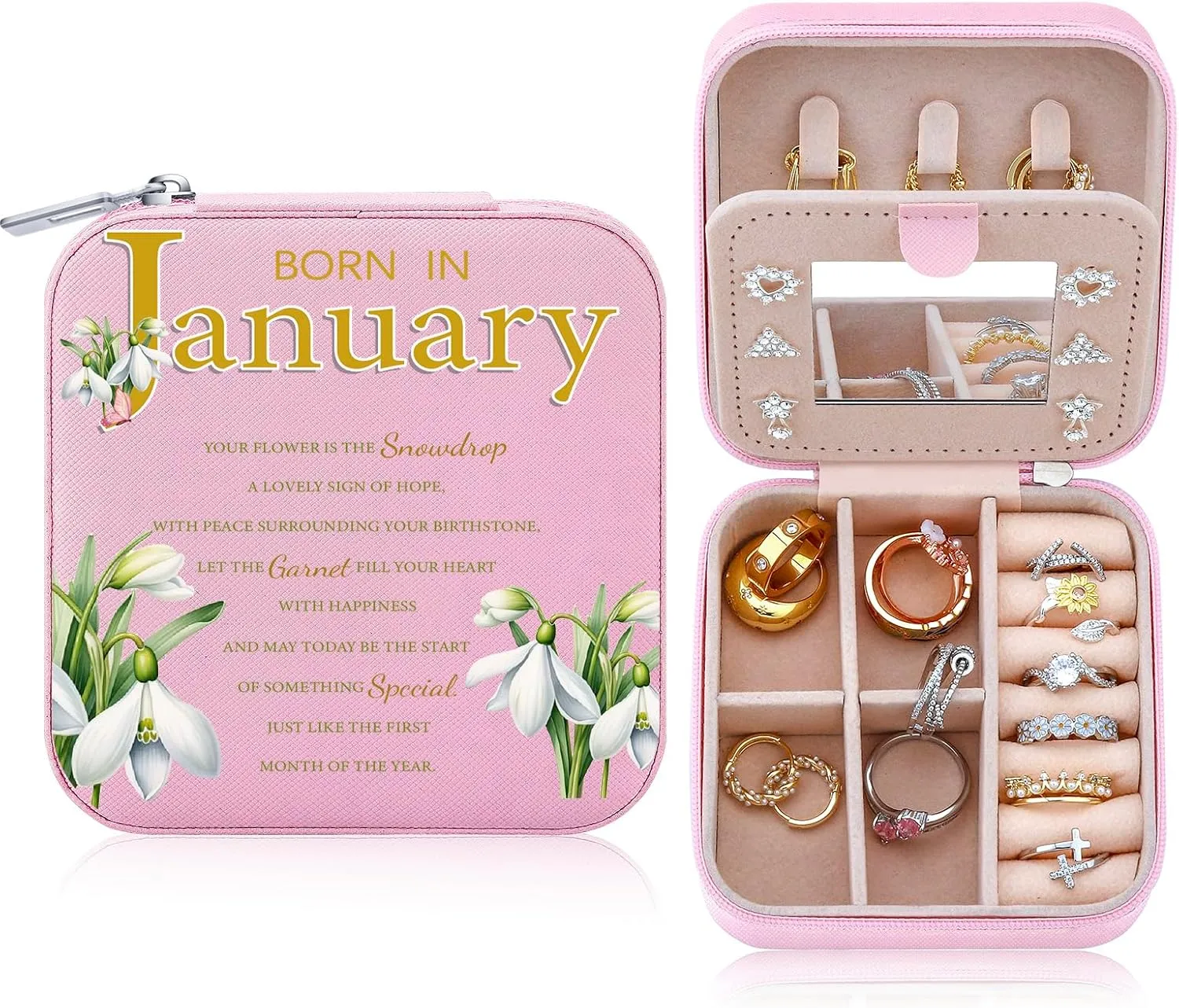 Travel Jewelry Box Organizer Birth Month Flower Jewelry Boxes Display Case for Women Gift Rings Earrings Necklaces Storage with Mirror Grey (January)