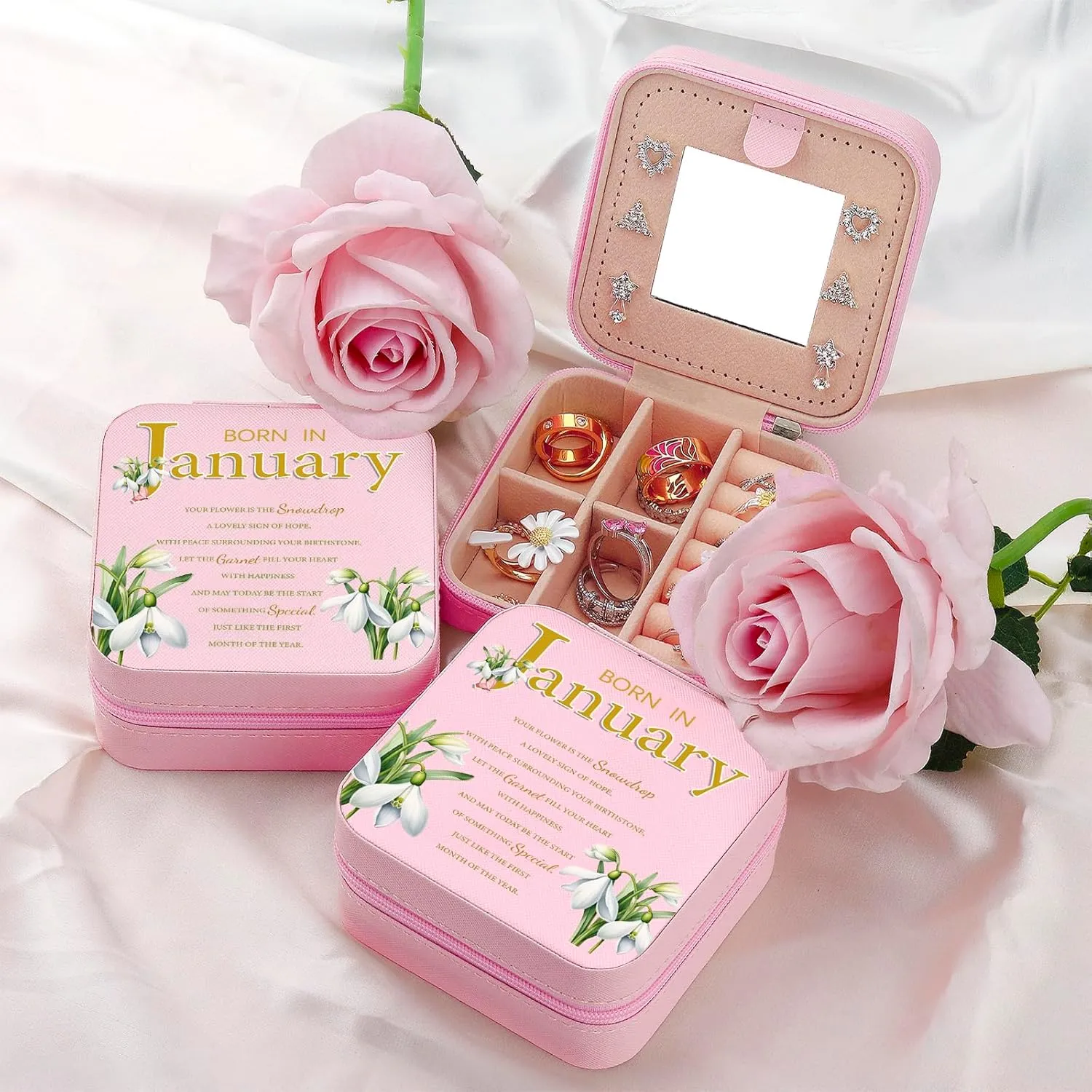 Travel Jewelry Box Organizer Birth Month Flower Jewelry Boxes Display Case for Women Gift Rings Earrings Necklaces Storage with Mirror Grey (January)