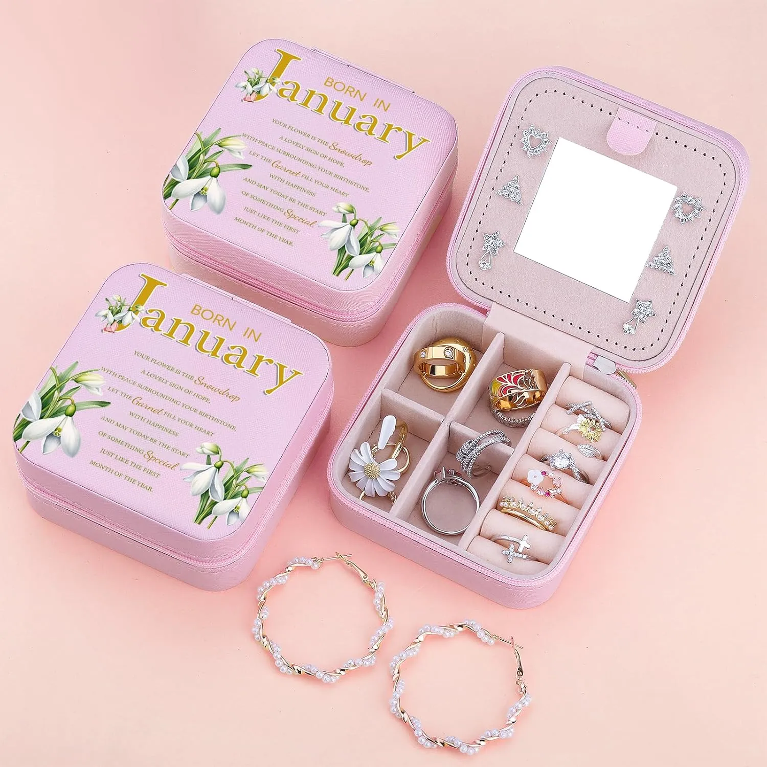Travel Jewelry Box Organizer Birth Month Flower Jewelry Boxes Display Case for Women Gift Rings Earrings Necklaces Storage with Mirror Grey (January)