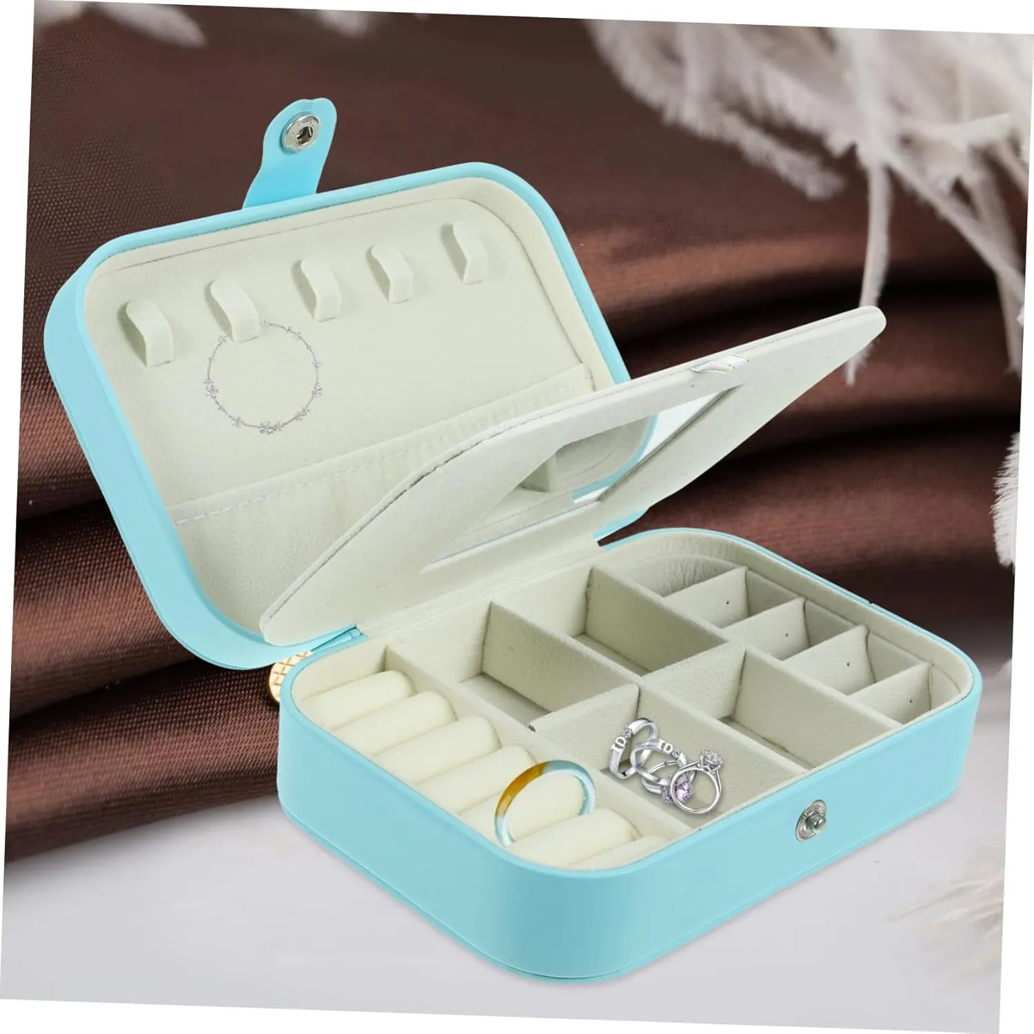 Travel Jewelry Storage Case Small Trinket Organizer Earring Box Mirror for Travel Dating Business Sky Blue