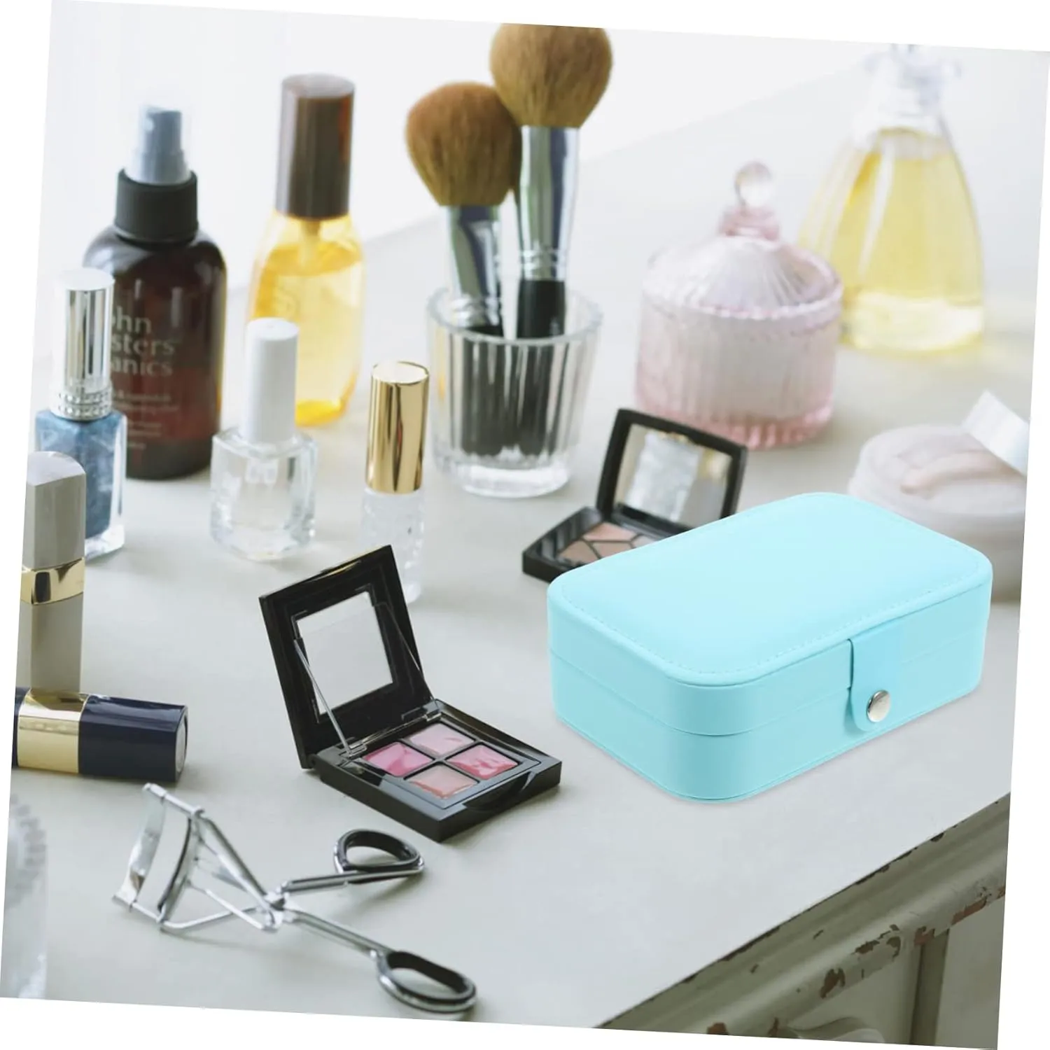 Travel Jewelry Storage Case Small Trinket Organizer Earring Box Mirror for Travel Dating Business Sky Blue