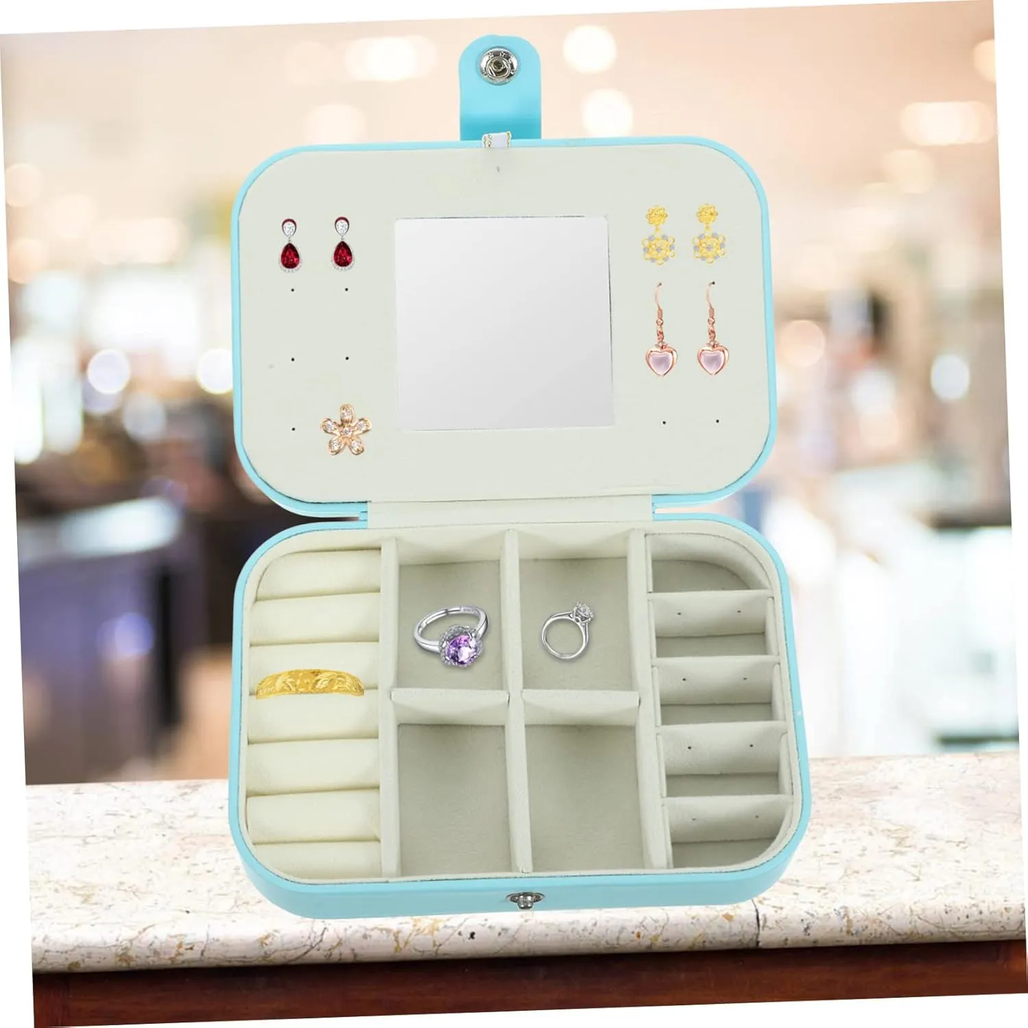 Travel Jewelry Storage Case Small Trinket Organizer Earring Box Mirror for Travel Dating Business Sky Blue