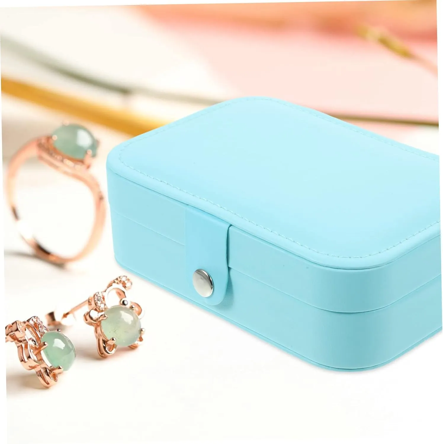 Travel Jewelry Storage Case Small Trinket Organizer Earring Box Mirror for Travel Dating Business Sky Blue