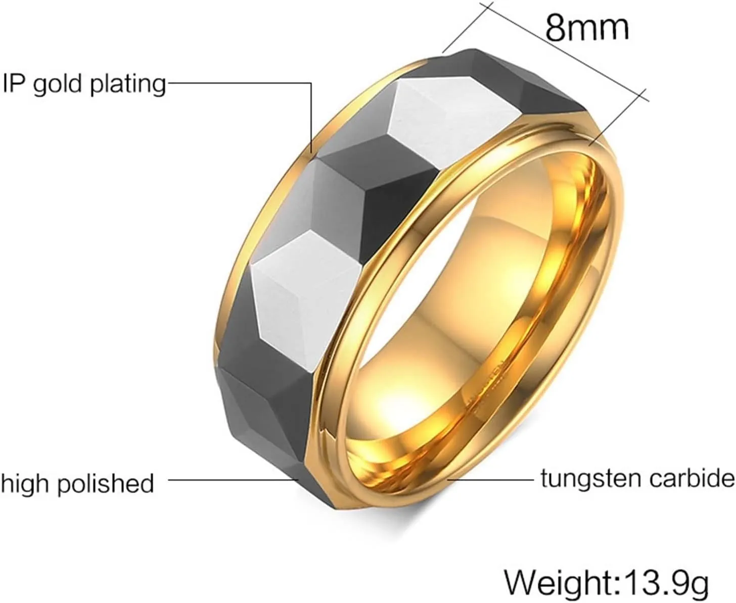 Unique Vintage Rings, Mens Rings Engagement Multi-Faceted Silver Gold Ring 8mm Tungsten Carbide