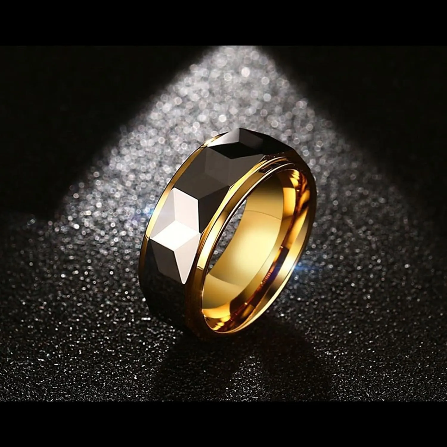 Unique Vintage Rings, Mens Rings Engagement Multi-Faceted Silver Gold Ring 8mm Tungsten Carbide