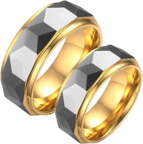 Unique Vintage Rings, Mens Rings Engagement Multi-Faceted Silver Gold Ring 8mm Tungsten Carbide