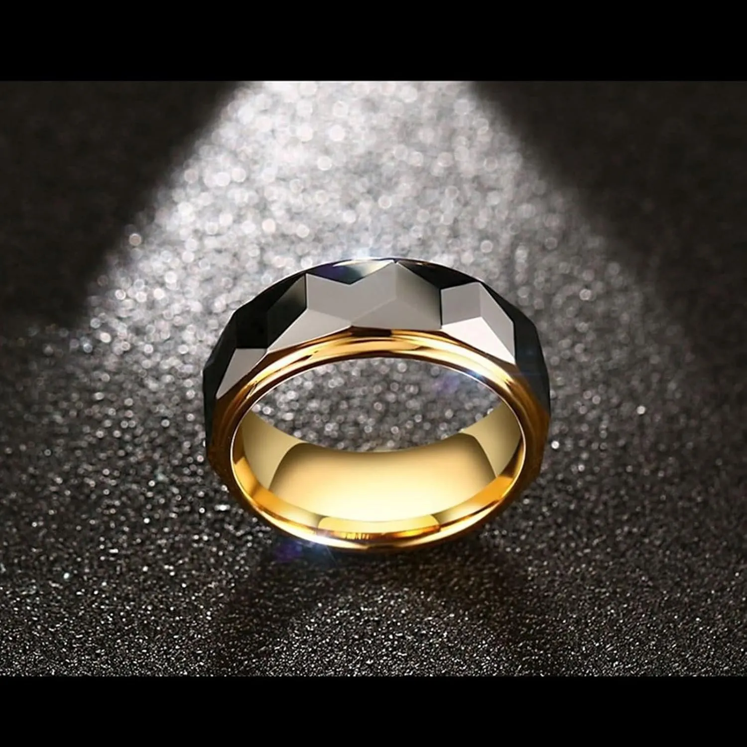 Unique Vintage Rings, Mens Rings Engagement Multi-Faceted Silver Gold Ring 8mm Tungsten Carbide