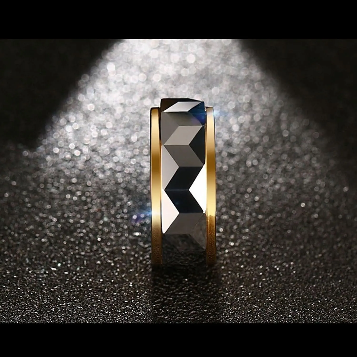 Unique Vintage Rings, Mens Rings Engagement Multi-Faceted Silver Gold Ring 8mm Tungsten Carbide