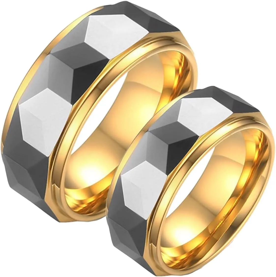 Unique Vintage Rings, Mens Rings Engagement Multi-Faceted Silver Gold Ring 8mm Tungsten Carbide