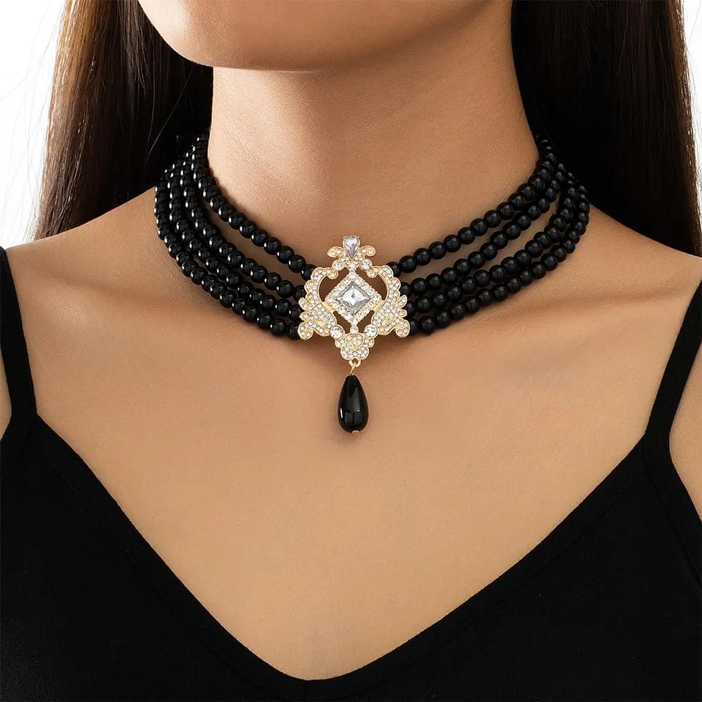 Vintage Simple Layered 1920s Choker Necklace for Women Boho Bridal Tassels Pearl Necklace Adjustable Shiny Rhinestones Necklace Jewelry Accessories