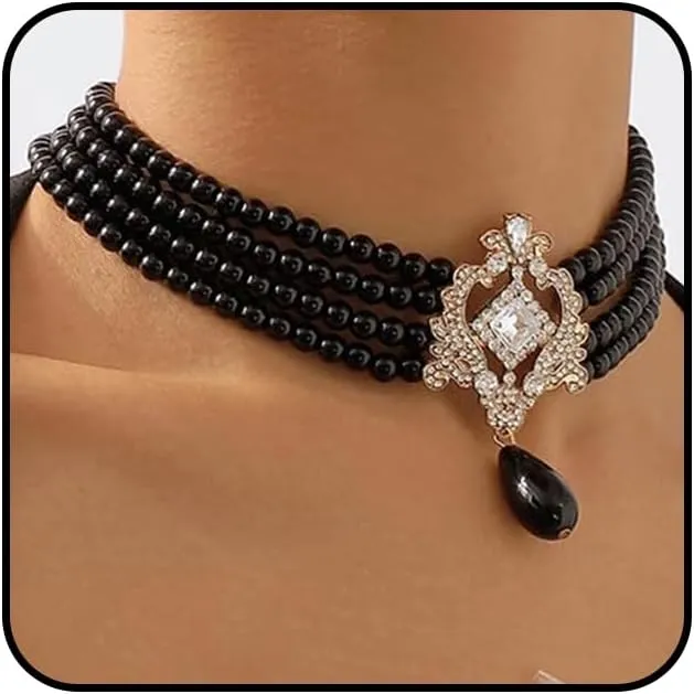 Vintage Simple Layered 1920s Choker Necklace for Women Boho Bridal Tassels Pearl Necklace Adjustable Shiny Rhinestones Necklace Jewelry Accessories