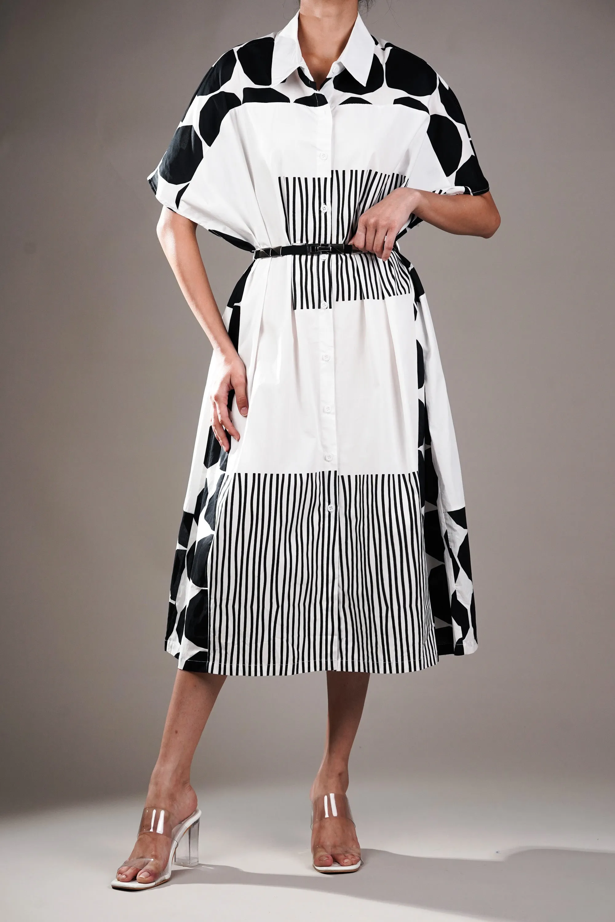 White Geometrical Print Shirt Dress