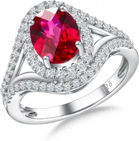 Womens Engagement Ring 925 Sterling Silver Oval Elongated Cushion Cut Sapphire/Ruby/Emerald/Opal Gemstone Anniversary Statement Cocktail Halo Ring Size 6 to 10 (with Gift Box)