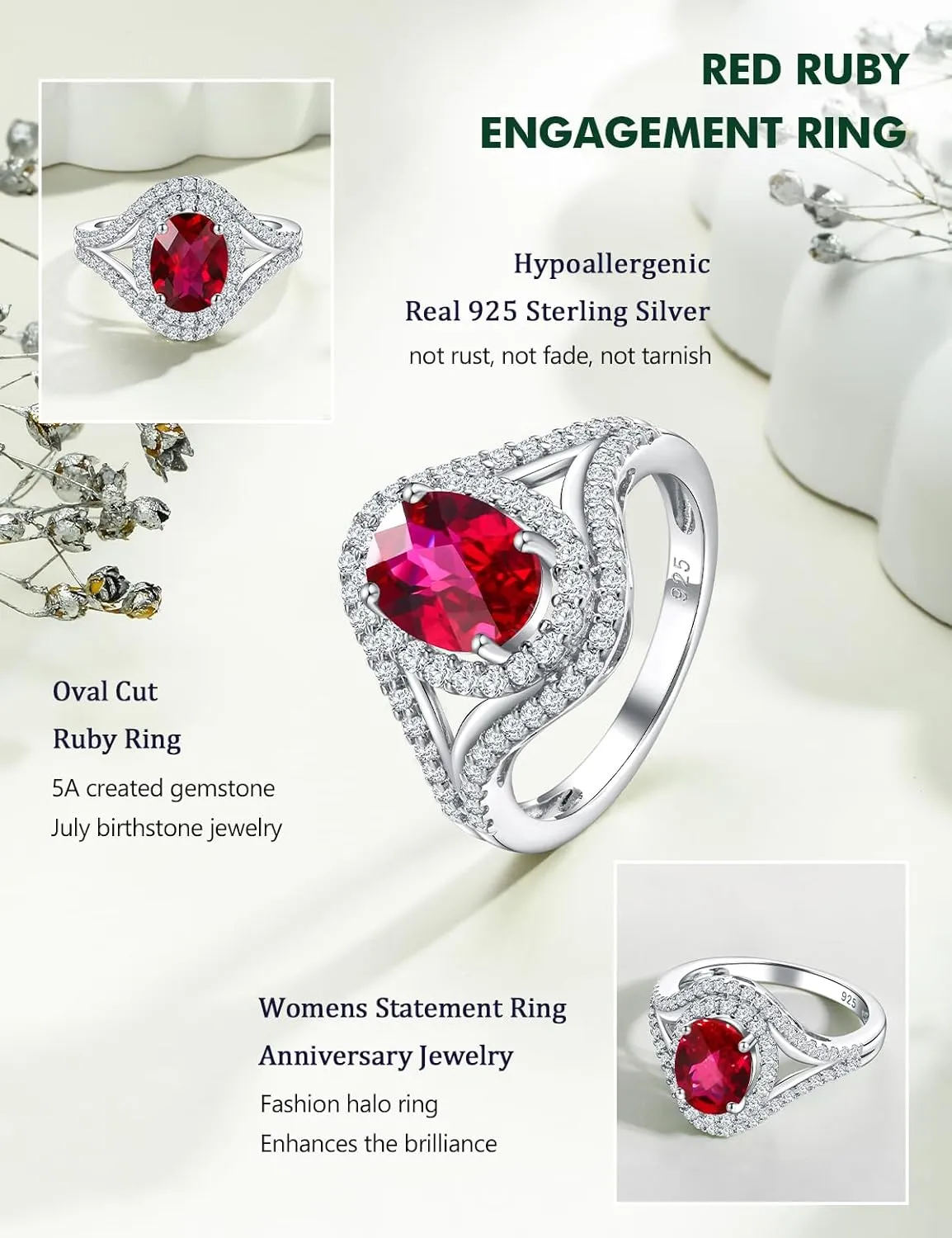 Womens Engagement Ring 925 Sterling Silver Oval Elongated Cushion Cut Sapphire/Ruby/Emerald/Opal Gemstone Anniversary Statement Cocktail Halo Ring Size 6 to 10 (with Gift Box)